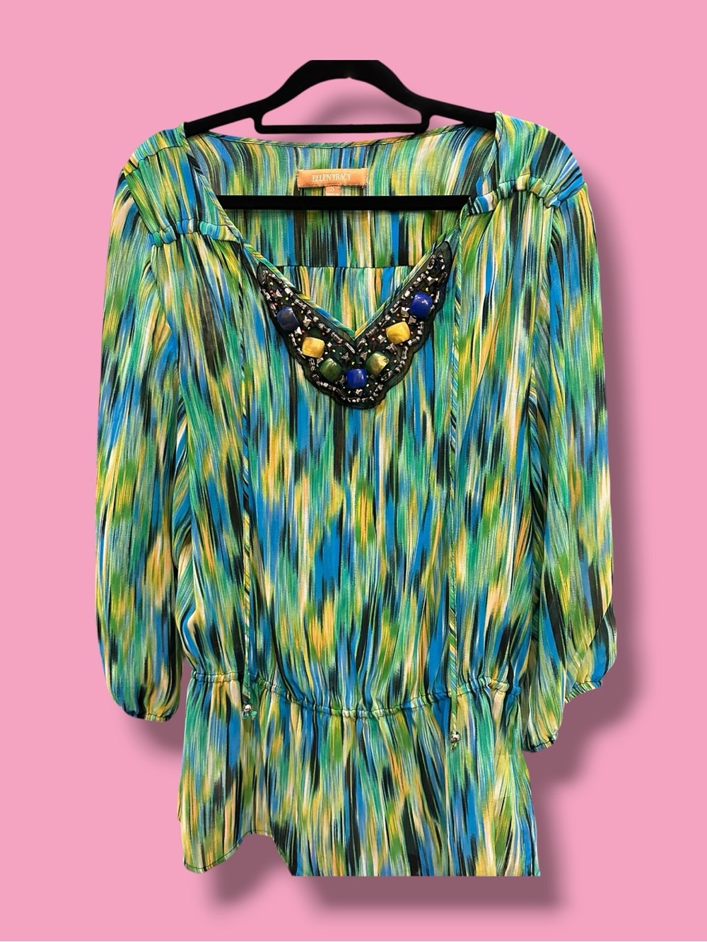 Ellen Tracy Green Blue Yellow Beaded V-Neck Tunic